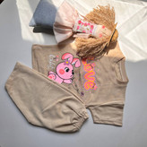 ست لباس راحتی کودک دخترانه نخ پنبه نسکافهای | تیشرت و شلوارک بچگانه اقتصادی طرح Love خرگوش لیاکیدز