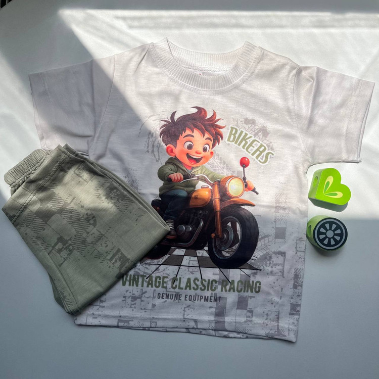 ست لباس راحتی کودک پسرانه طرح موتور Bikers | تیشرت و شلوار نخی کودک