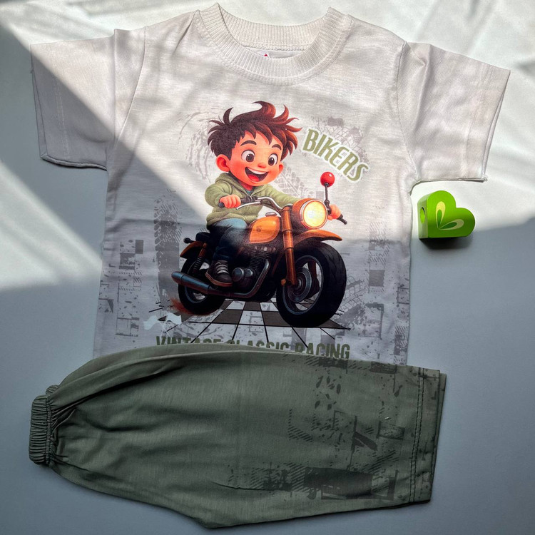 ست لباس راحتی کودک پسرانه طرح موتور Bikers | تیشرت و شلوار نخی کودک