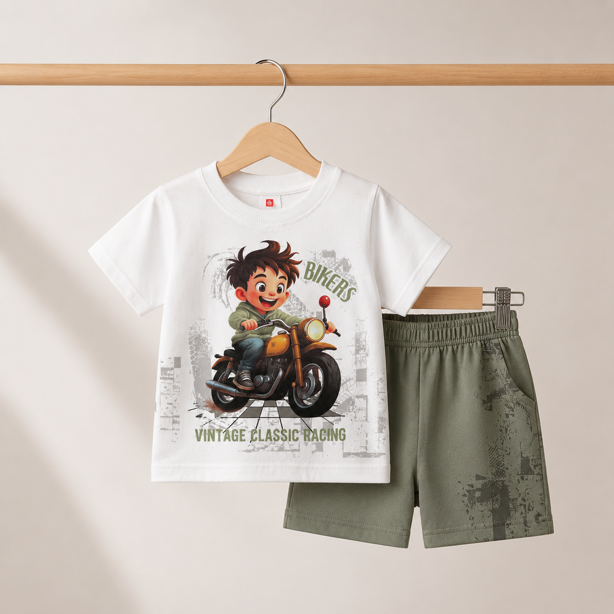 ست لباس راحتی کودک پسرانه طرح موتور Bikers | تیشرت و شلوار نخی کودک